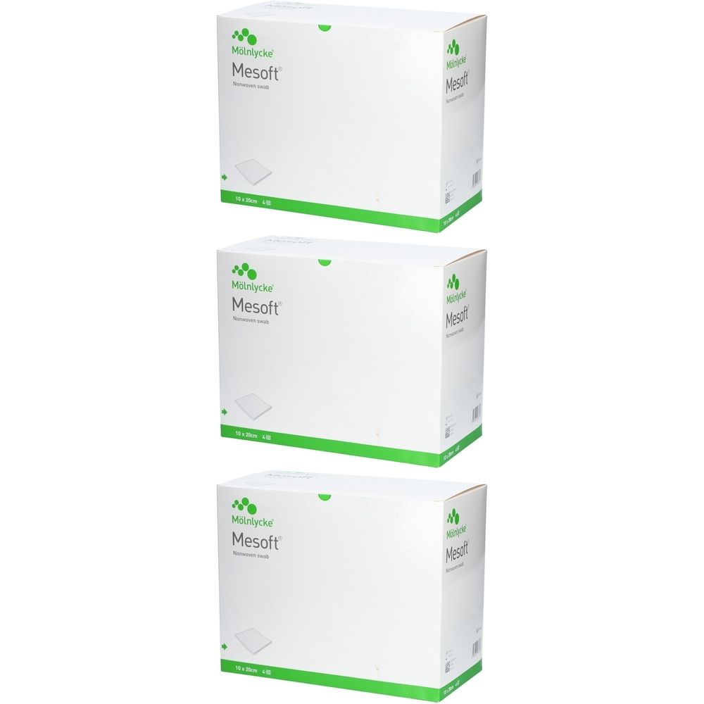 Drei weiße Kartons mit grünen Akzenten. Auf jedem Karton steht "Mesoft" und ein Logo. Die Verpackung ist steril.
