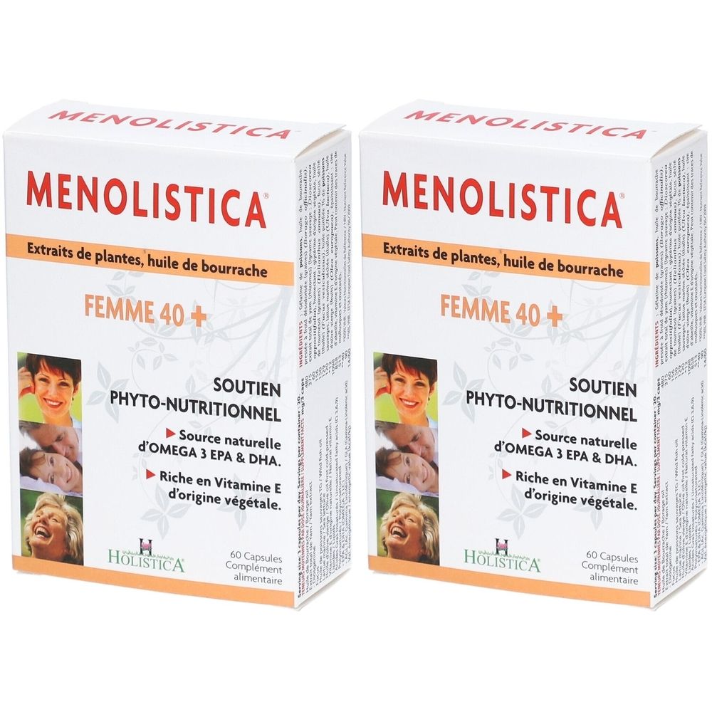 Zwei Schachteln mit der Aufschrift MENOLISTICA FEMME 40+. Enthält Extrakte aus Pflanzen, Borretschöl, Omega 3 EPA & DHA und Vitamin E.