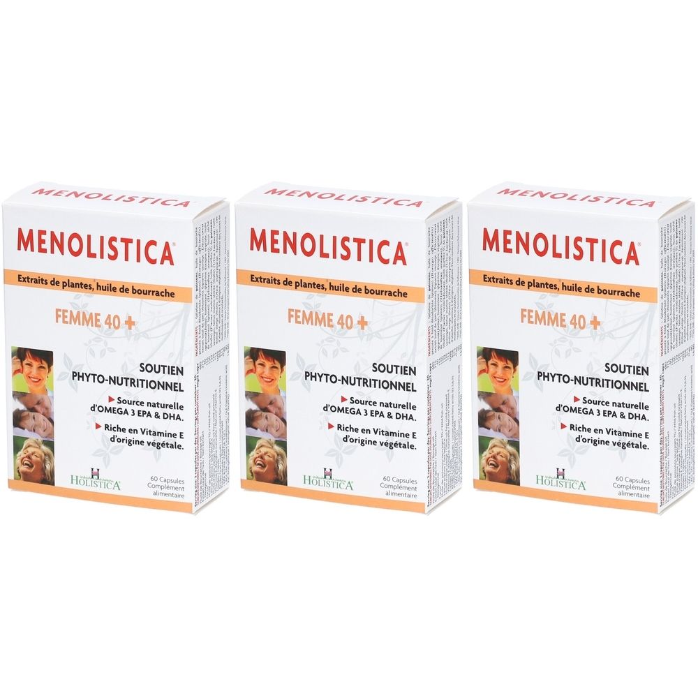 Drei Schachteln Menolistica Femme 40+. Aufschrift: Extraits de plantes, huile de bourrache. Mit Logo und Text: Soutien Phyto-Nutritionnel.