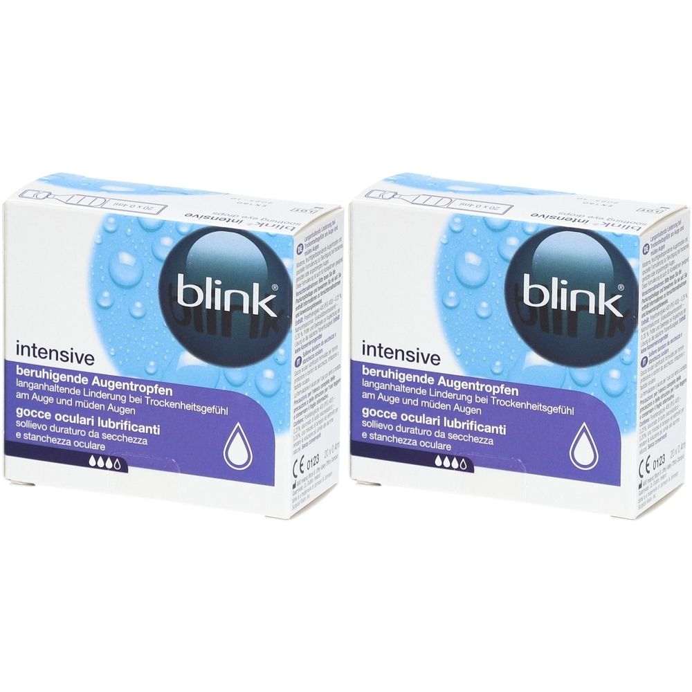 Deux boîtes de gouttes oculaires. Inscription : blink intensive, gouttes oculaires apaisantes. Emballage bleu et blanc.