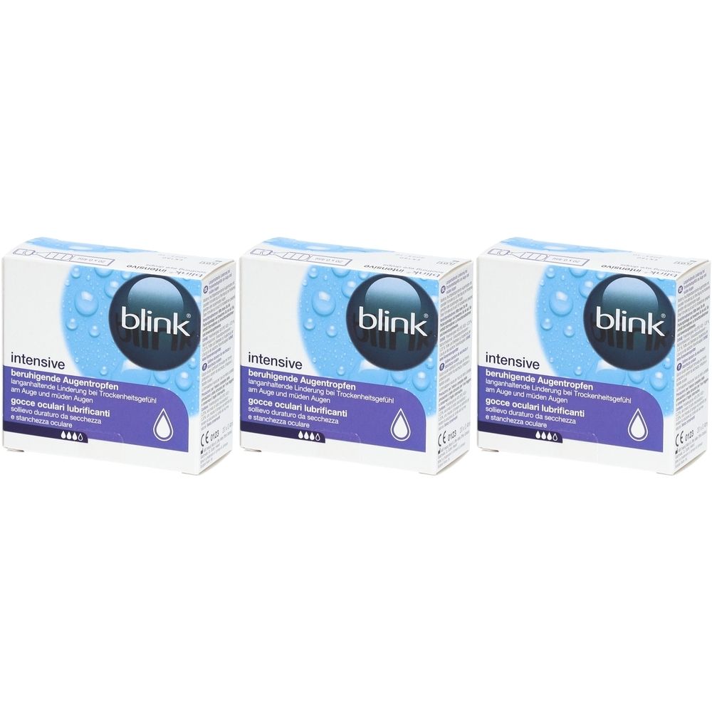 Trois boîtes de gouttes oculaires. Chaque boîte porte le nom "blink" et "intensive".