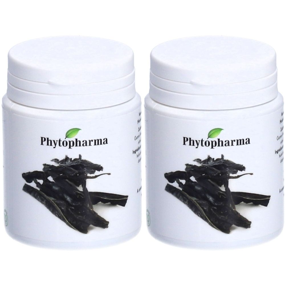 Deux pots blancs avec couvercles. Sur le devant, "Phytopharma" avec une feuille verte. En dessous, des algues séchées sont représentées.