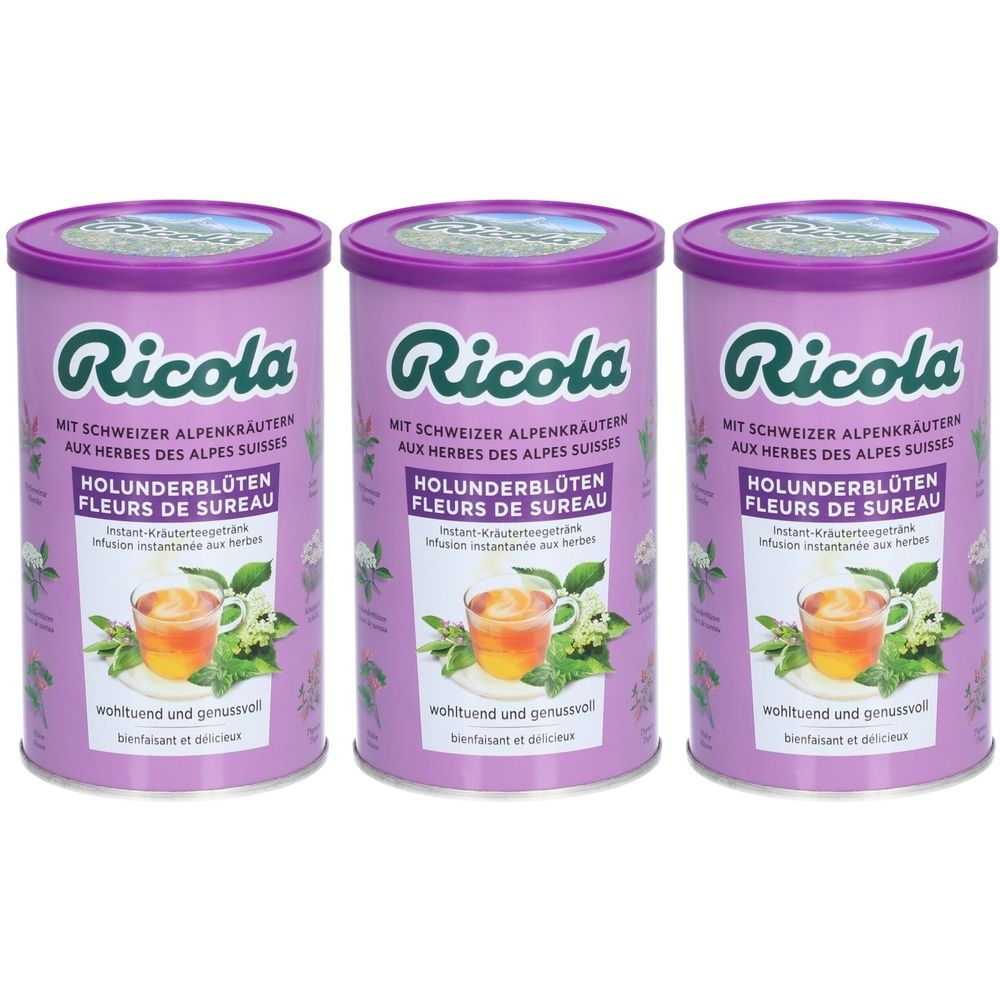 Drei Dosen Kräutertee. Lila Dosen mit weißer Schrift. Aufschrift: Ricola, Holunderblüten. Abbildung einer Tasse Tee.