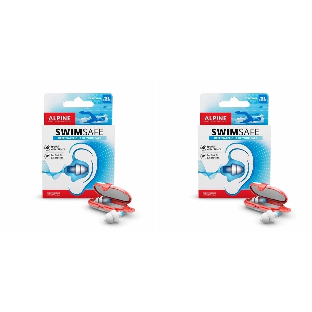 Zwei Packungen Gehörschutz. Jede Packung enthält Ohrstöpsel, eine rote Aufbewahrungsbox und eine Produktverpackung mit dem Schriftzug "SWIMSAFE".