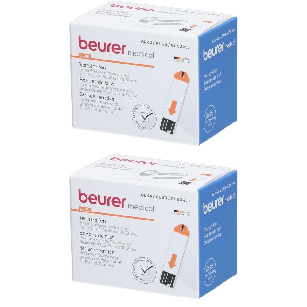 Deux boîtes de bandelettes de test. Inscription : beurer medical, GL 44/50/50 evo. Illustration du produit avec flèche et label de qualité.