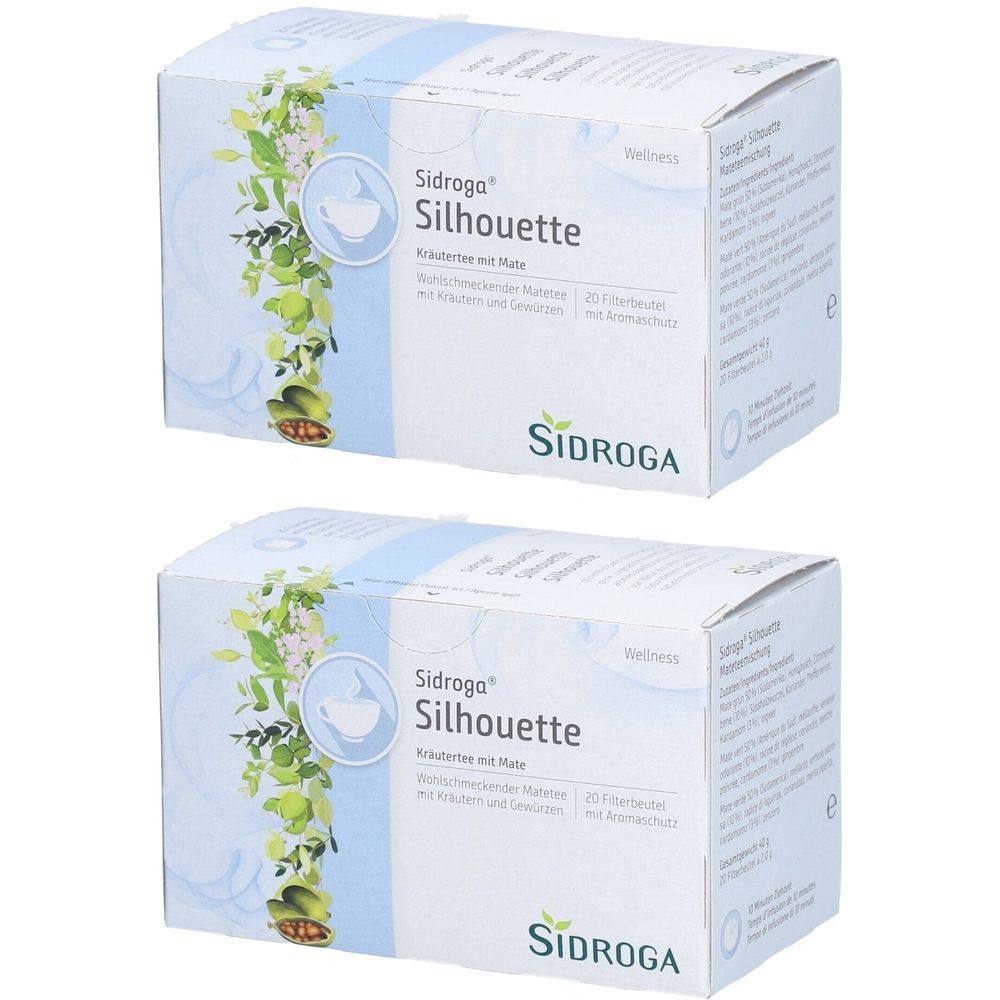 Zwei Schachteln Sidroga Silhouette Kräutermischung. Weiße Verpackung mit Produktnamen und Logo. Wellness-Produkt.