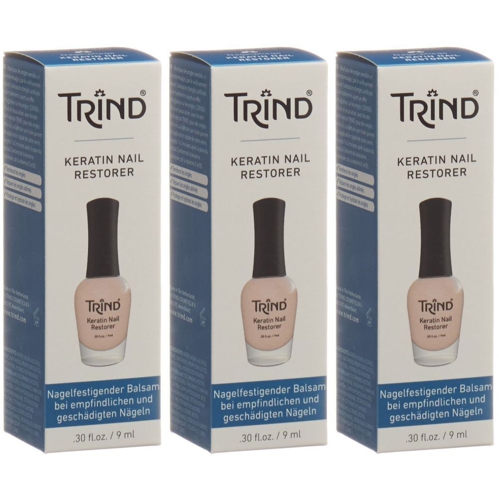 Drei Schachteln mit TRIND Keratin Nail Restorer. Jede Schachtel zeigt eine Flasche Nagellack. Text: Keratin Nail Restorer.