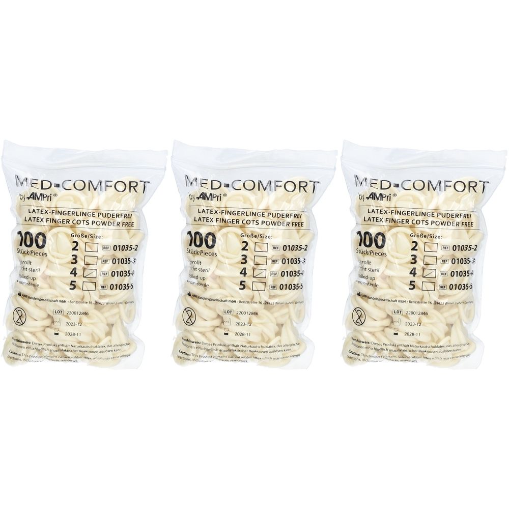 Trois sachets de doigts en latex. Inscription: MED-COMFORT, doigts en latex sans poudre. Chaque paquet contient 100 pièces.
