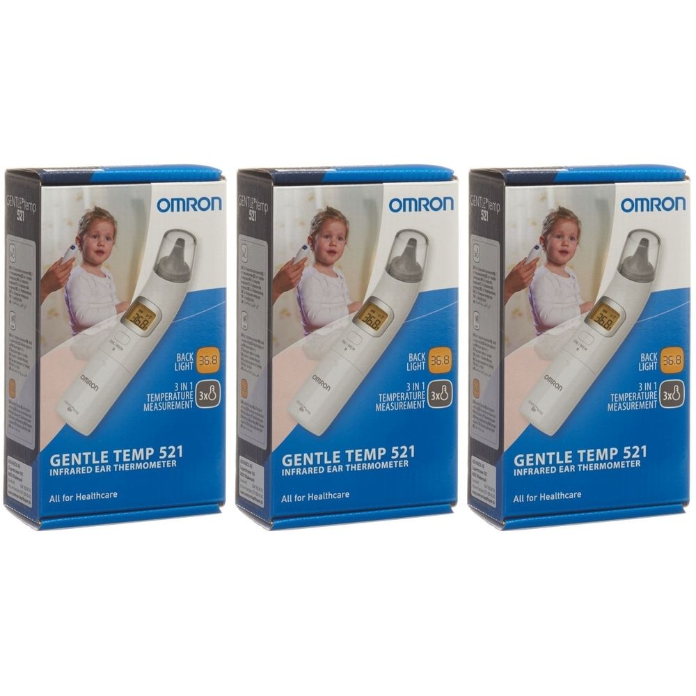 Drei Packungen Omron Gentle Temp 521 Infrarot-Ohrthermometer. Jede Packung zeigt ein Thermometer und ein Kind.