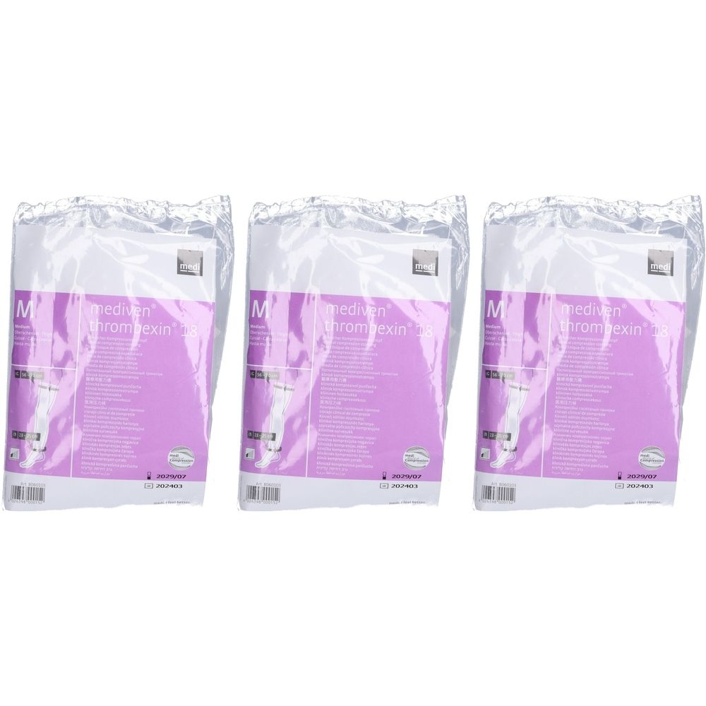 Drei Packungen mediven® Thrombexin® 18 mittel. Jede Packung enthält ein Produkt in einer transparenten Folie verpackt. Aufdruck mit Produktinformationen.