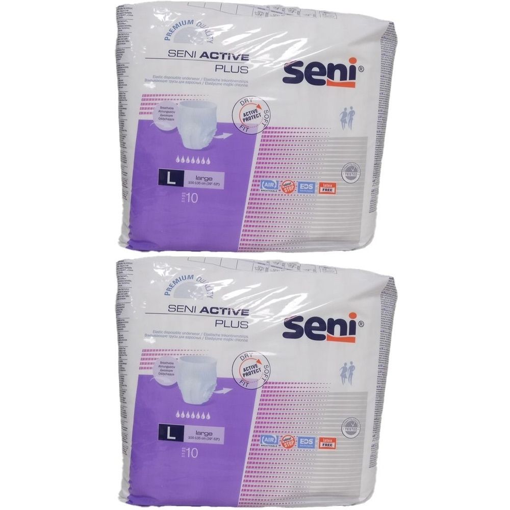 Zwei Packungen Seni Active Plus. Verpackung mit Produktabbildung, Größe L, Saugstärke 10. Marke Seni.