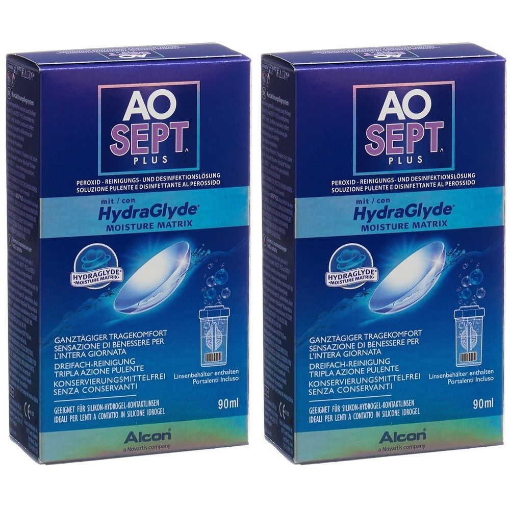 Zwei Schachteln AOSEPT Plus mit HydraGlyde, Reinigungs- und Desinfektionslösung für Kontaktlinsen. Blaue Verpackung mit Produktnamen und Logo.