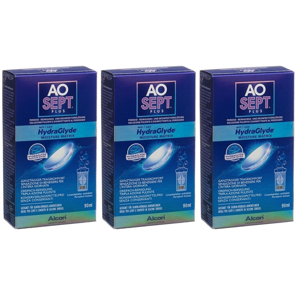 Drei Schachteln AO SEPT PLUS HydraGlyde. Blaue Verpackung mit Produktnamen und Kontaktlinsen-Symbol. Alcon Logo unten.