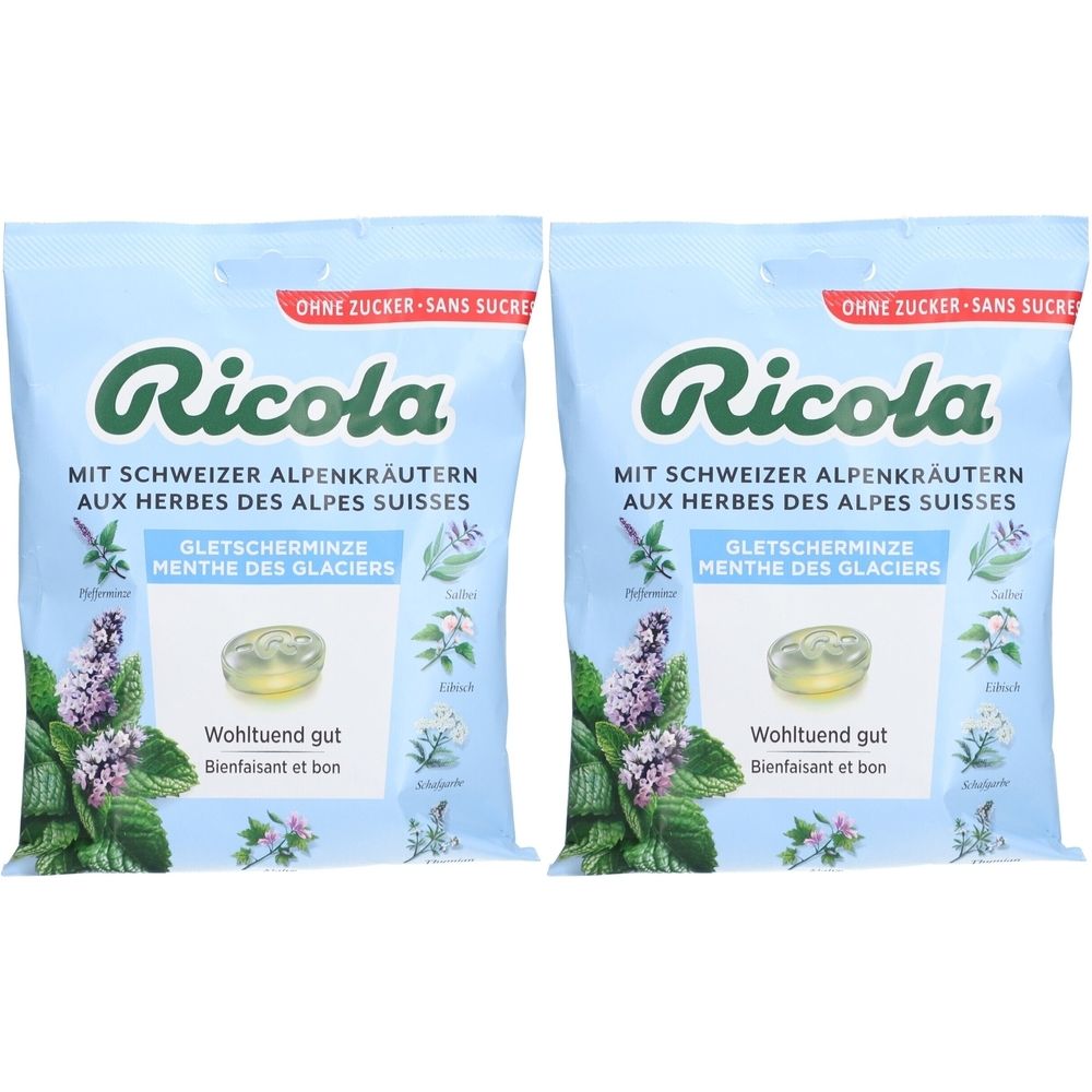 Zwei Beutel Ricola Gletscherbonbons. Hellblauer Hintergrund. Aufdruck mit Logo, Kräutern und Produktbezeichnung. Ohne Zucker.