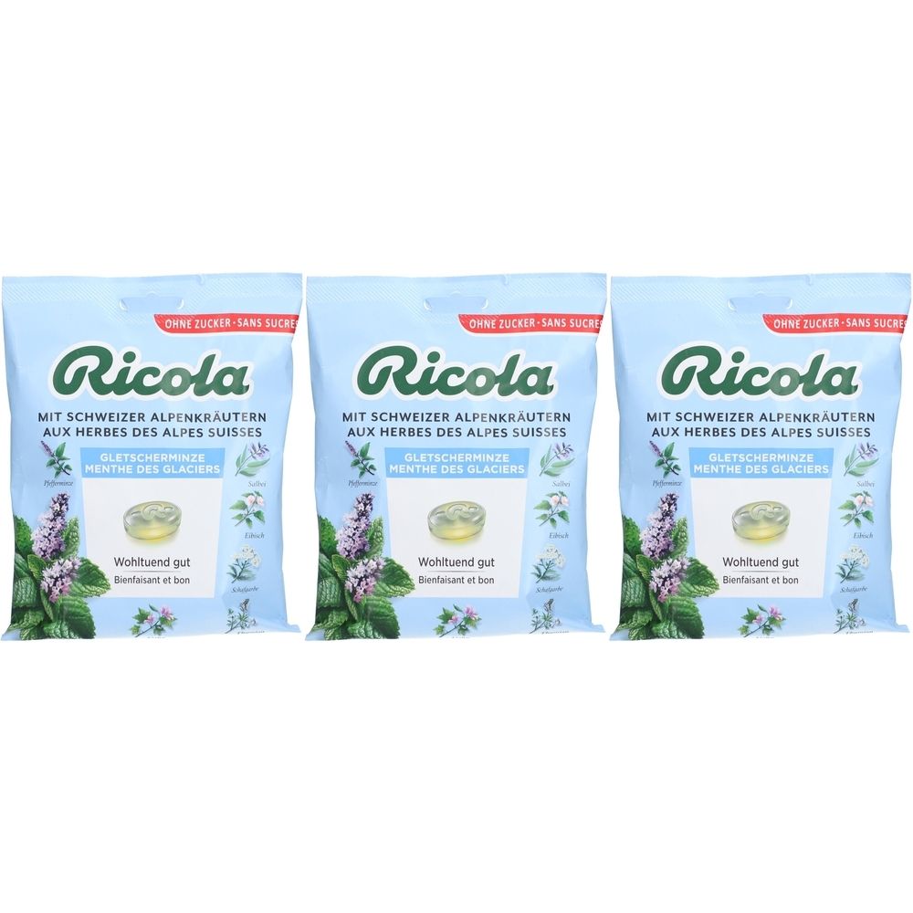 Drei Beutel Ricola Pfefferminzbonbons Gletscher zuckerfrei. Hellblauer Hintergrund, Logo und Produktinformationen.