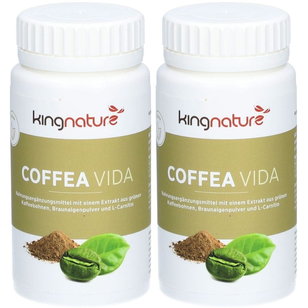 Zwei weiße Flaschen mit dem Aufdruck "kingnature COFFEA VIDA". Darunter grüne Kaffeebohnen, Blätter und Pulver.