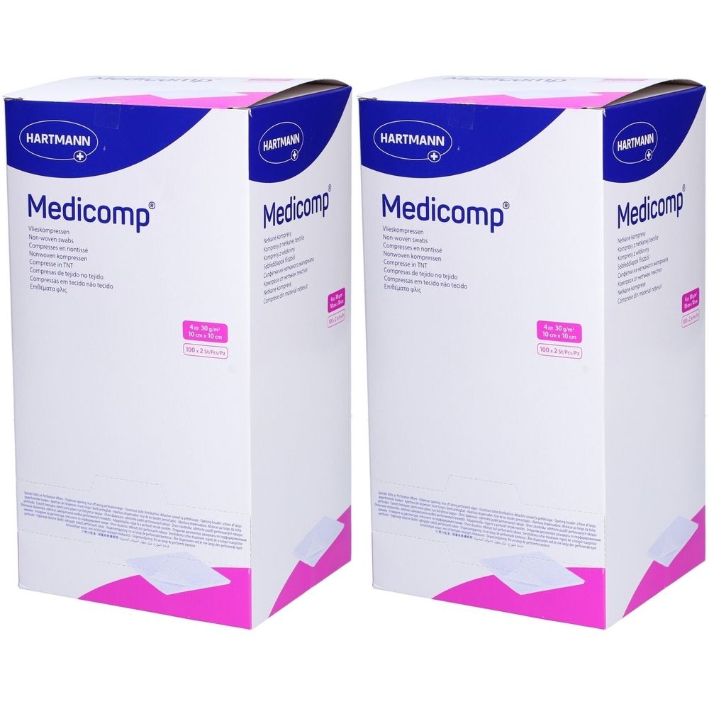 Deux boîtes de compresses HARTMANN Medicomp. Blanches avec texte bleu et rose. Indication : 10 x 10 cm.