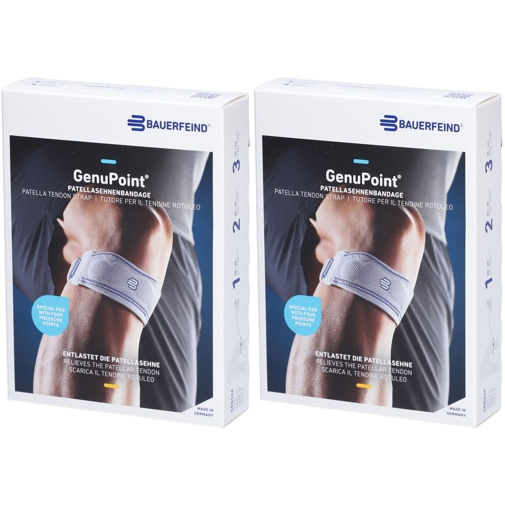 Zwei BAUERFEIND GenuPoint Bandagen-Verpackungen. Aufdruck: GenuPoint, Patellasehnenbandage. Abbildung: Knie mit Bandage. Verpackung mit Größenangabe.