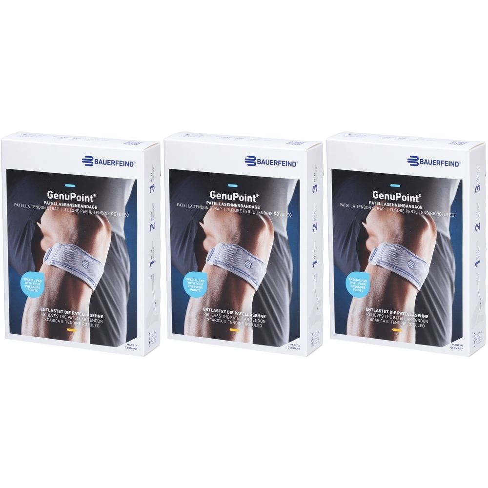 Trois boîtes de bandage BAUERFEIND® GenuPoint. Impression : GenuPoint, bandage rotulien. Illustration d'un genou avec bandage.