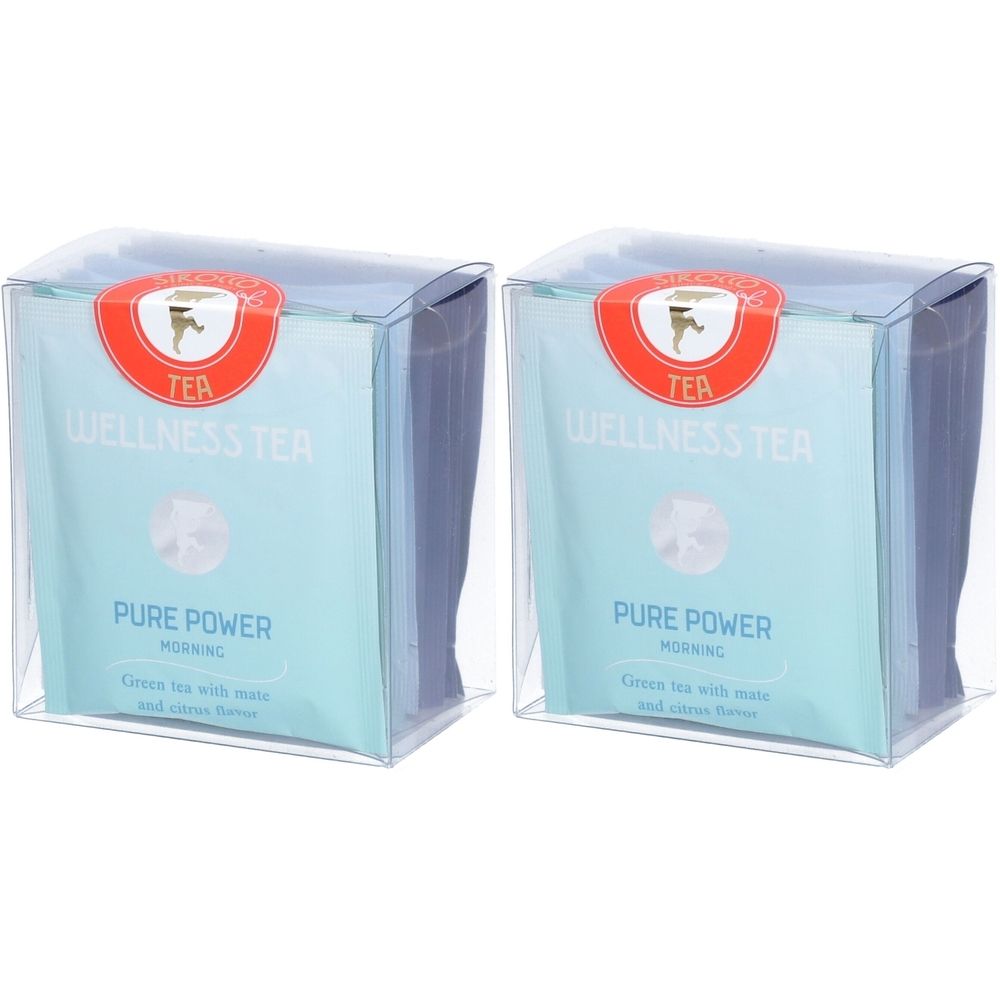 Zwei Packungen Wellness Tea, verpackt in transparentem Kunststoff. Auf den Packungen steht "Pure Power Morning".