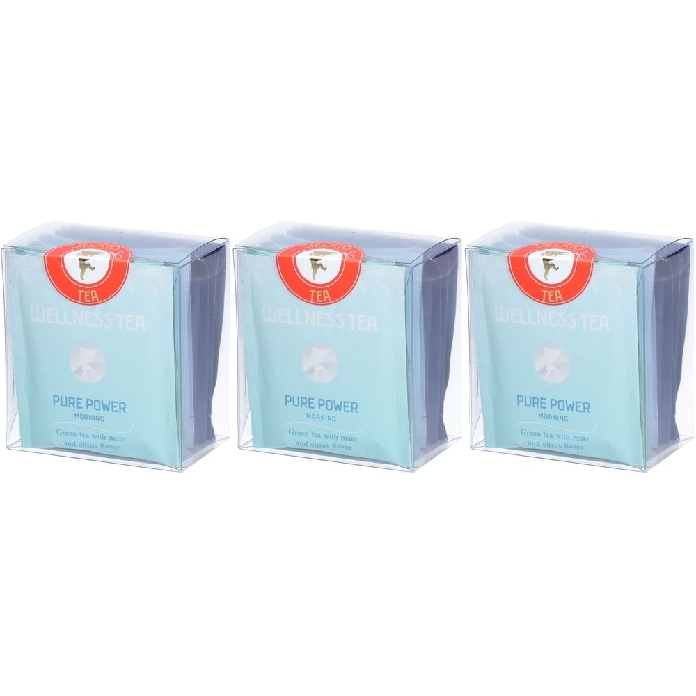 Drei Packungen Tee in transparenten Kunststoffboxen. Auf den blauen Teebeuteln steht "Wellness Tea Pure Power".