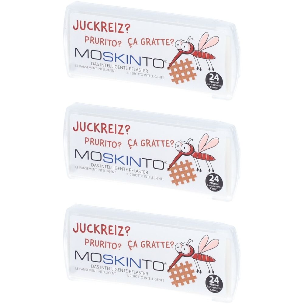 Drei Packungen MOSKINTO Pflaster. Aufschrift: Juckreiz?, Prurito?, Ça gratte?. Abbildung einer Mücke und 24 Stück.