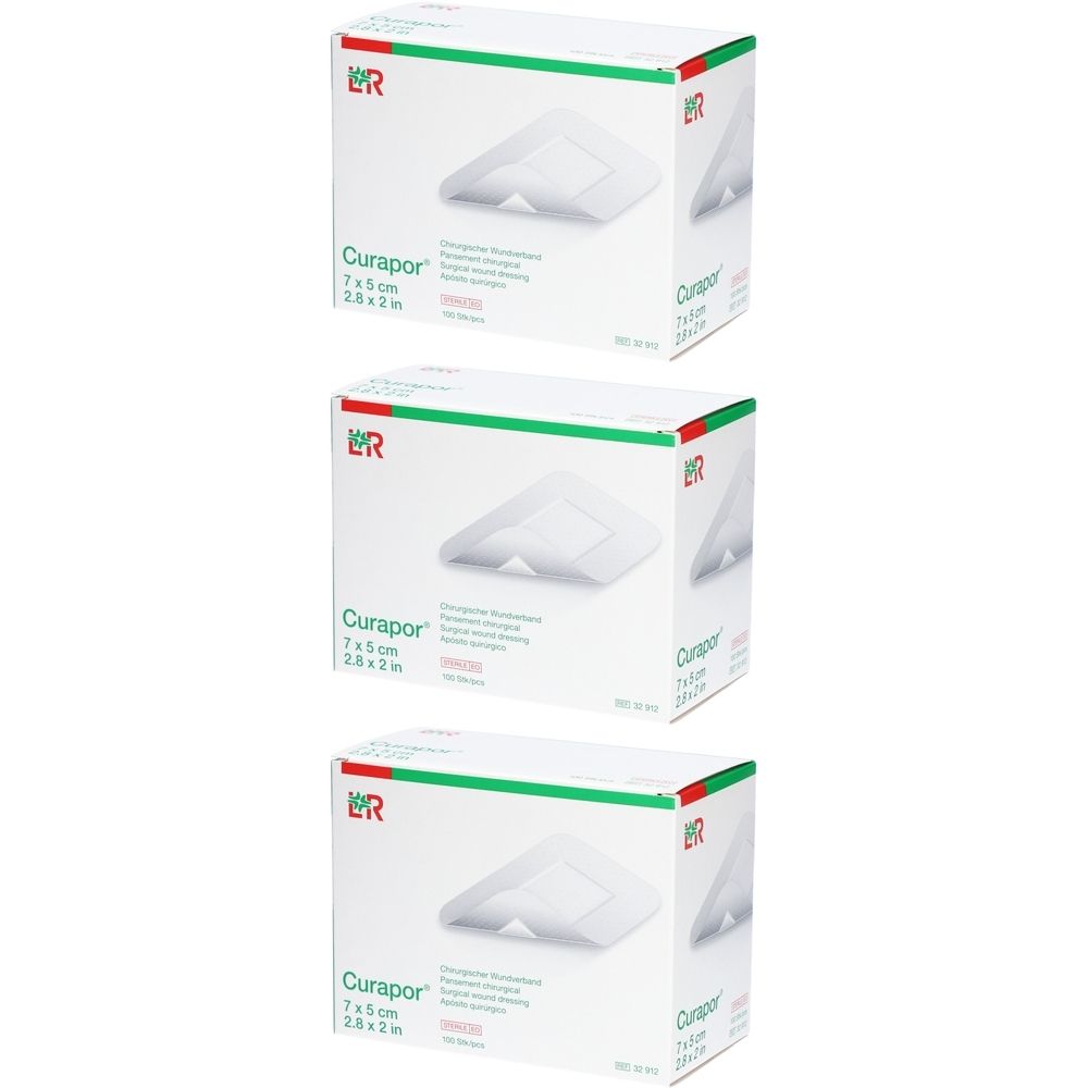 Drei Schachteln Curapor Pflaster, 7 x 5 cm. Weiße Verpackung mit grünem und rotem Akzent. Logo LR.