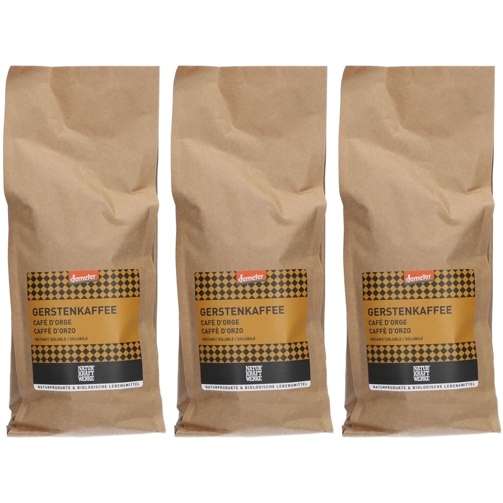 Trois paquets de café d'orge. Emballage en papier brun avec étiquette. Inscription : Gerstenkaffee, Café d'Orge, Caffe d'Orzo.