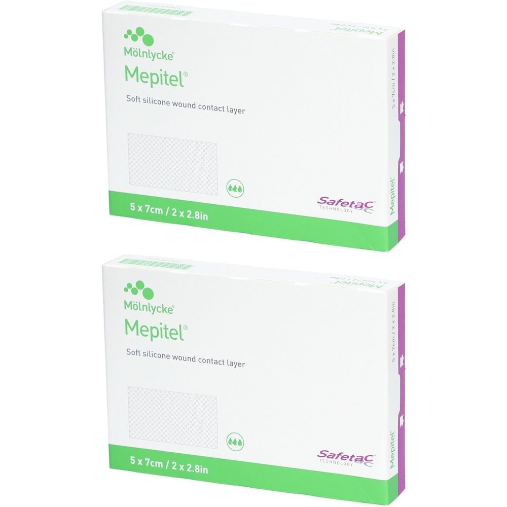 Zwei weiße Kartons mit Produktinformationen. Aufschrift: Mepitel, Soft silicone wound contact layer, 5x7cm/2x2.8in. Marke: Mölnlycke, Safetac.