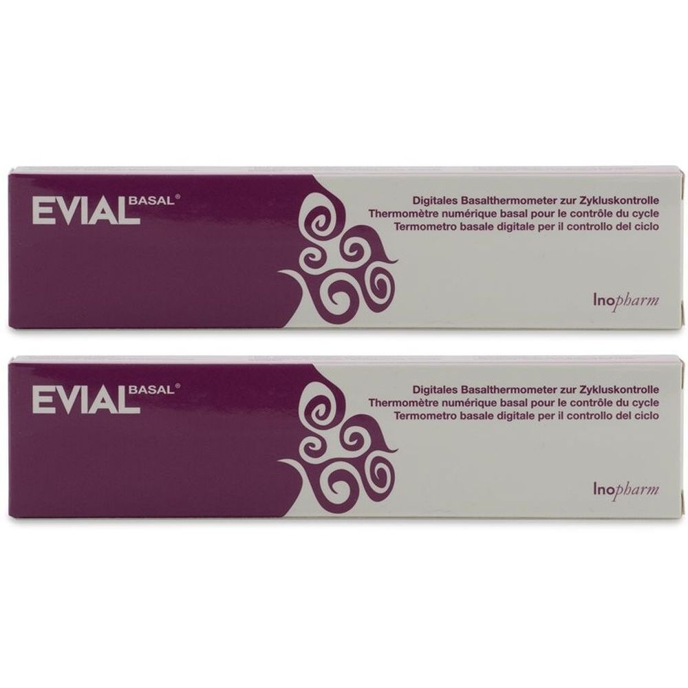 Zwei Packungen mit dem Produktnamen EVIAL BASAL. Text: Digitales Basalthermometer zur Zykluskontrolle. Inopharm.