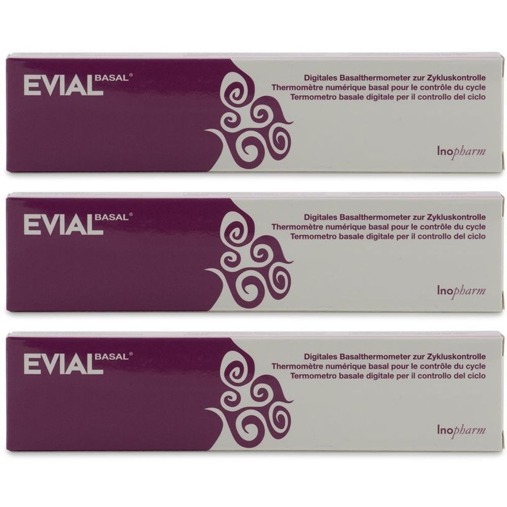 Drei Packungen mit dem Produktnamen EVIAL BASAL. Text: Digitales Basalthermometer zur Zykluskontrolle. Inopharm.