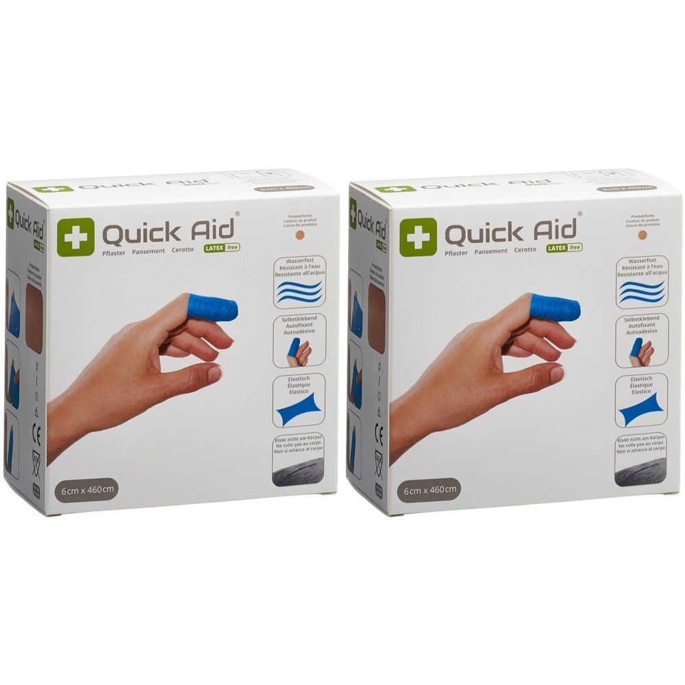 Zwei Kartons mit QUICK AID Fingerlingen. Aufdruck: Latex-frei. Eine Hand mit blauem Fingerling wird gezeigt. 6 x 460 cm.