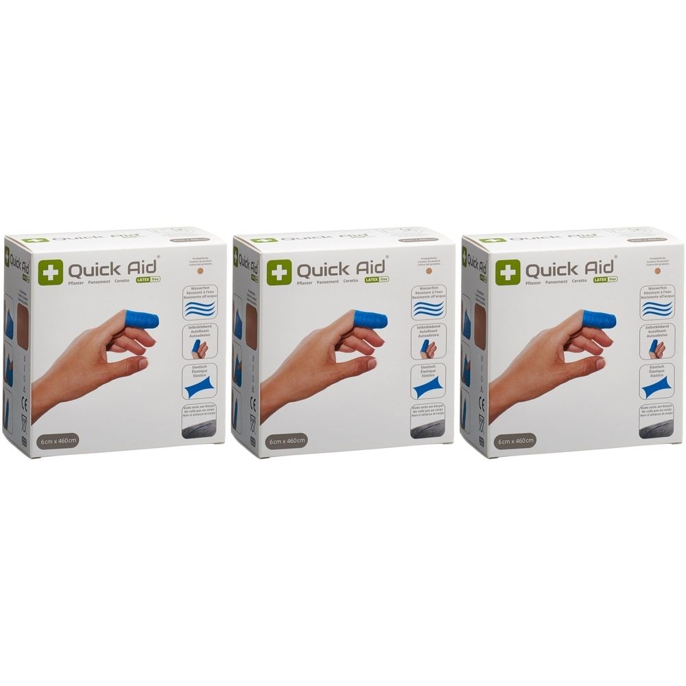 Drei Kartons mit QUICK AID Pflastern. Auf jedem Karton ist ein blauer Fingerling auf einer Hand abgebildet.