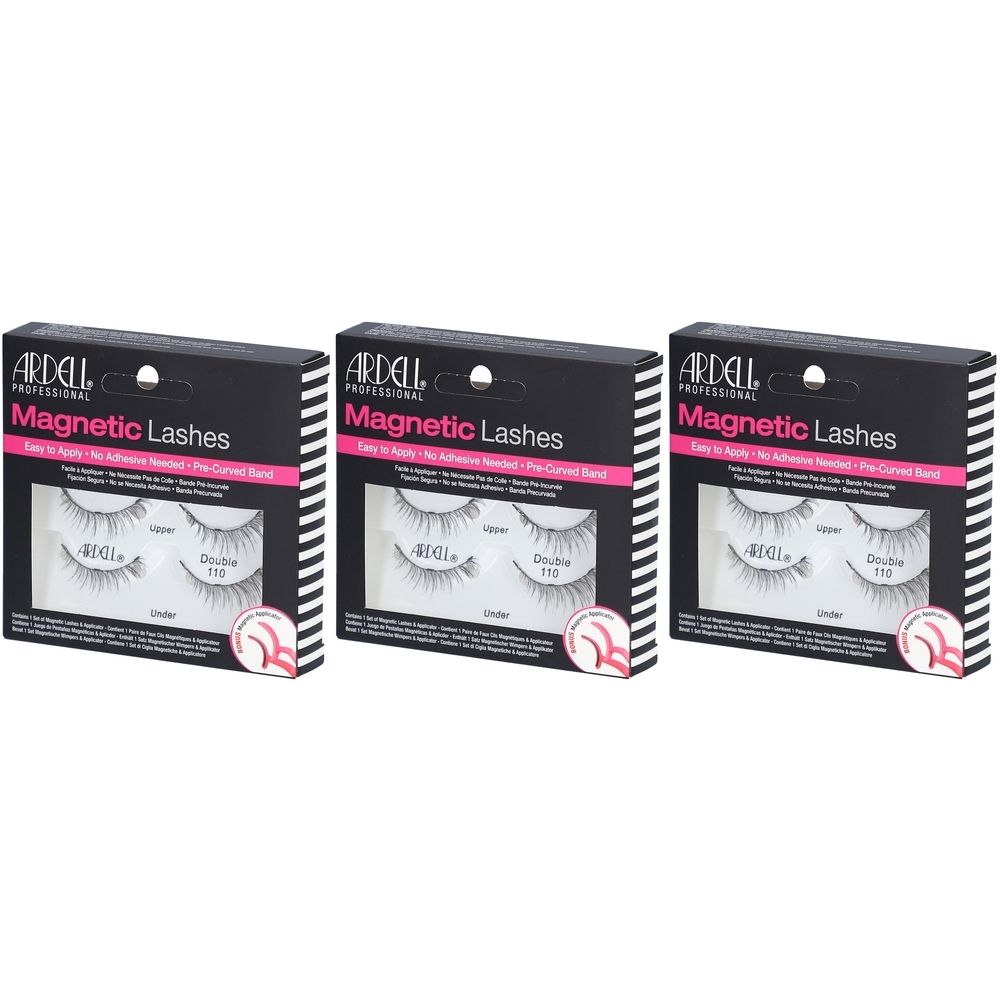Drei Packungen Ardell Magnetic Lashes Double #110. Schwarze Verpackung mit Produktnamen und Wimpern. Sichtbare Wimpern in der Verpackung.