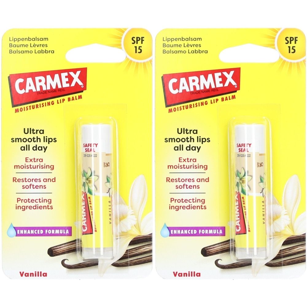 Twee CARMEX lippenbalsem verpakkingen. Gele verpakking met product, tekst en SPF 15. Vanillesmaak.