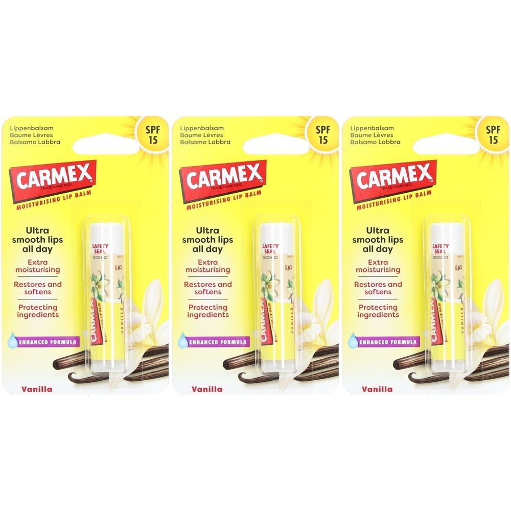 Drie verpakkingen lippenbalsem. Gele kaarten met product en tekst CARMEX. Bevat SPF 15. Vanillesmaak.