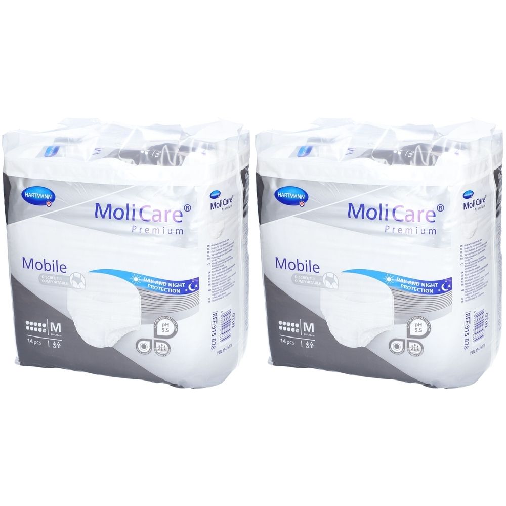 Deux paquets de sous-vêtements d'incontinence MoliCare® Premium Mobile. Emballage avec nom du produit, taille M et symbole goutte.