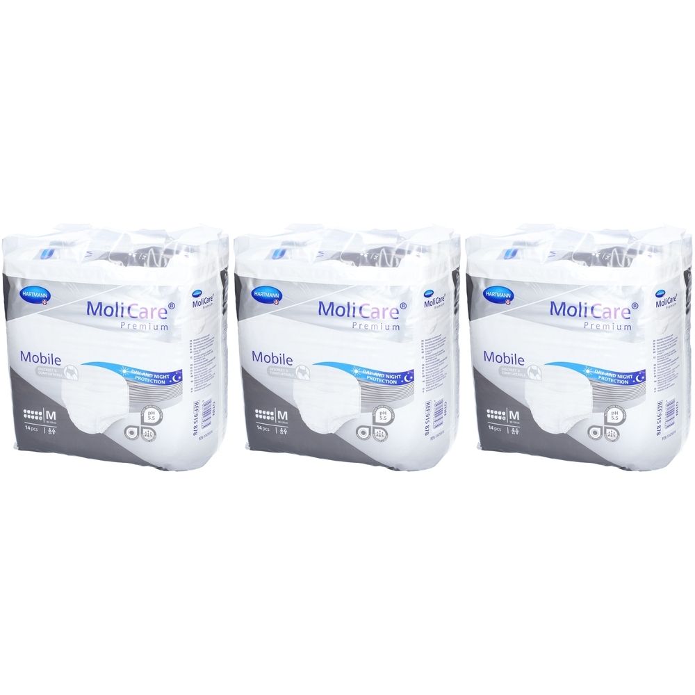 Trois paquets de sous-vêtements d'incontinence MoliCare Premium Mobile, taille M. Emballage avec nom et logo du produit.