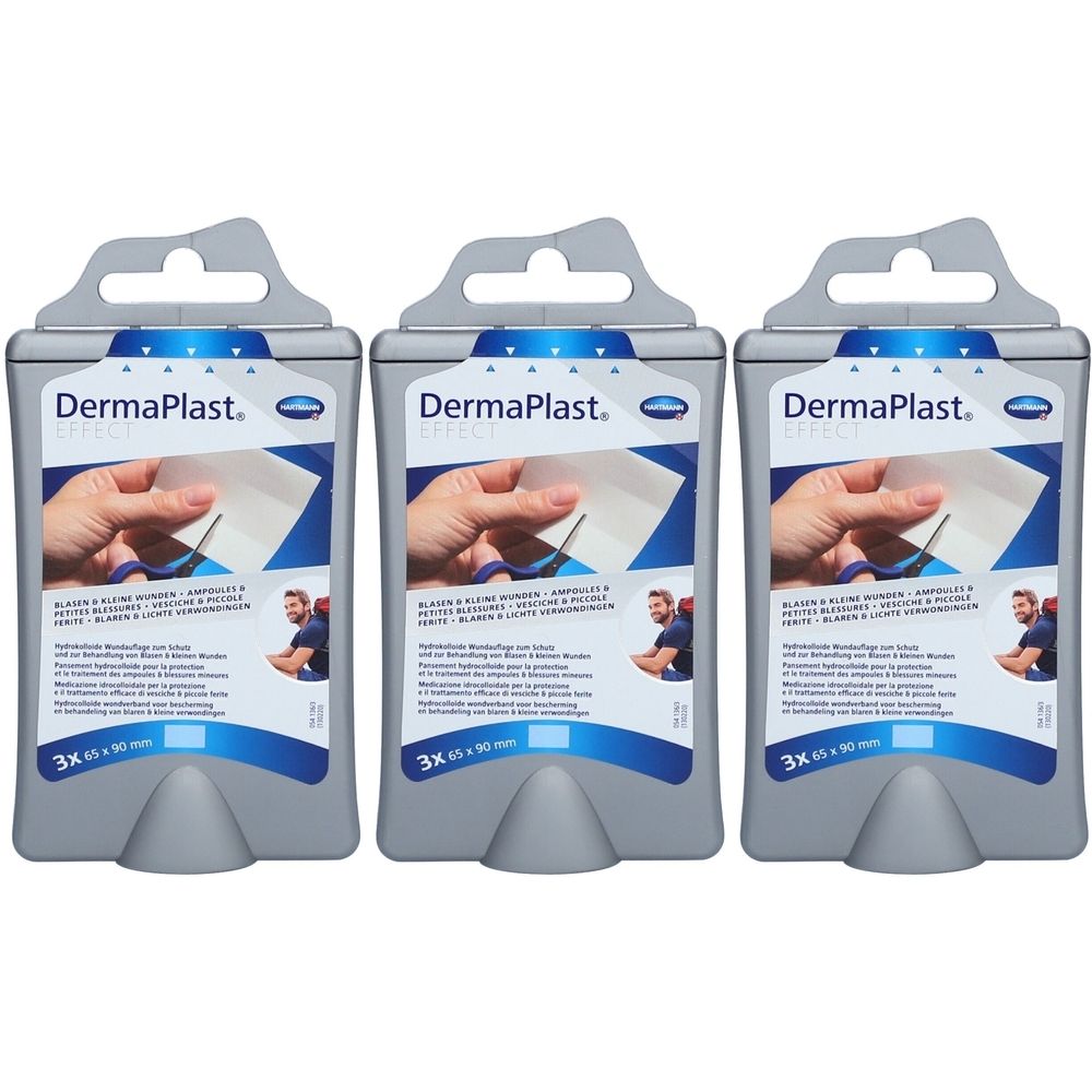 Drei Packungen DermaPlast Pflaster. Jede Packung enthält 3 Pflaster, 65 x 90 mm. Graue Verpackung mit Produktabbildung und Text.