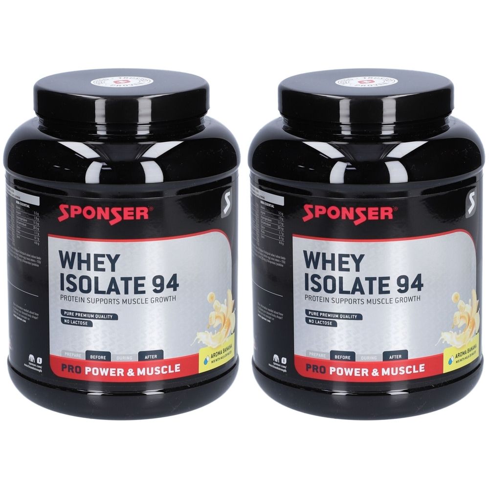 Deux pots noirs avec couvercles. Inscription SPONSER, WHEY ISOLATE 94, la protéine soutient la croissance musculaire. Pro Power & Muscle.