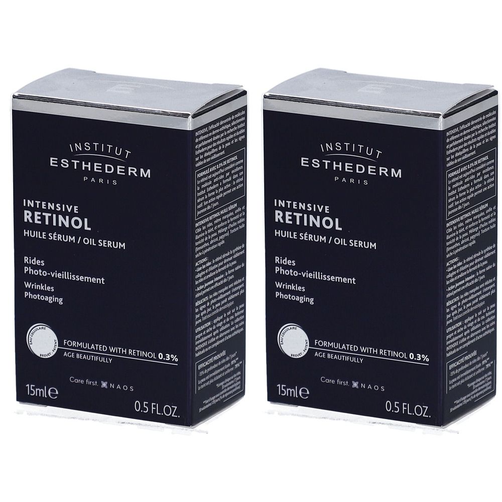 Zwei rechteckige Schachteln mit dem Produktnamen INSTITUT ESTHEDERM INTENSIVE RETINOL. Schwarze Verpackung mit weißer Schrift.