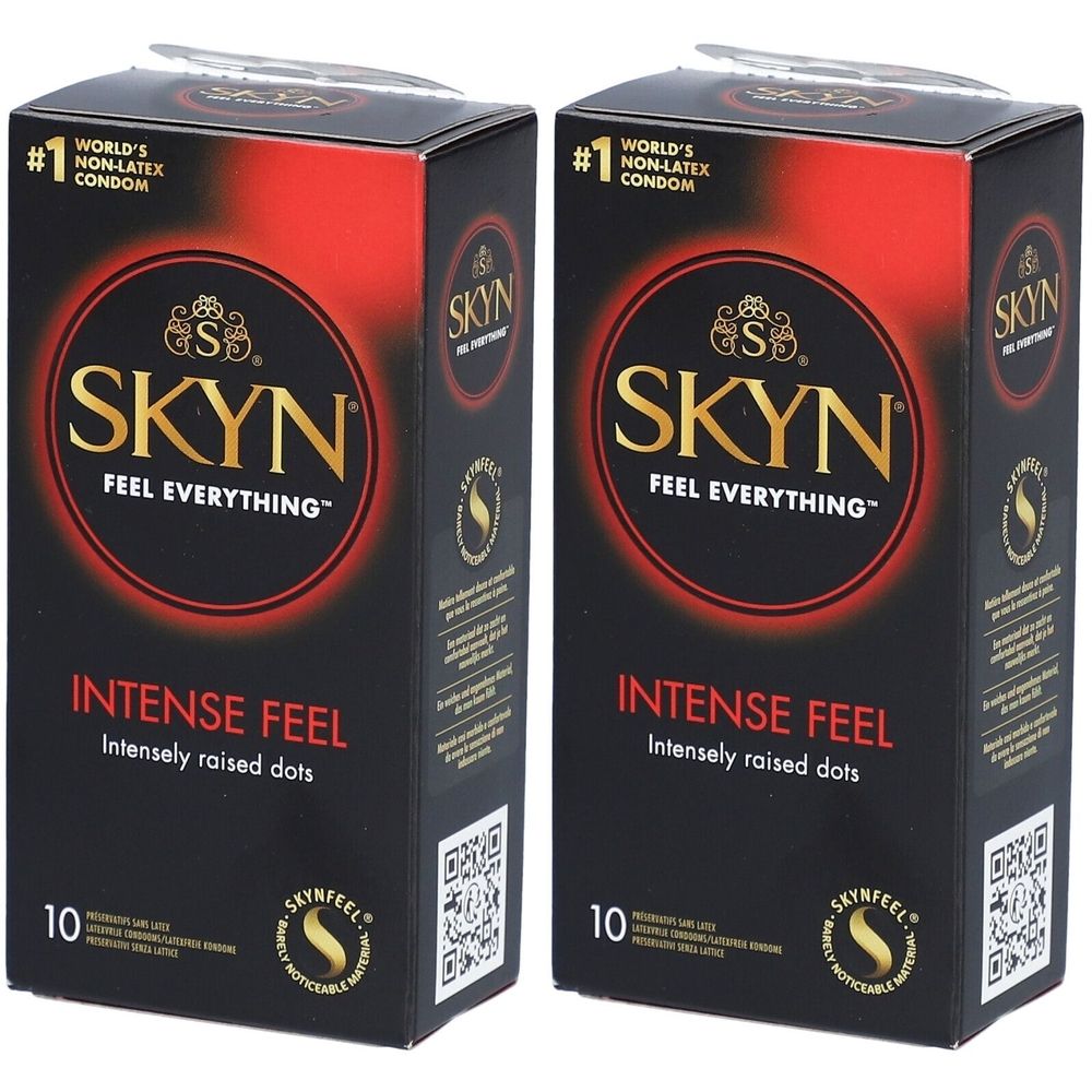 Zwei Schachteln Kondome. Aufschrift: SKYN, INTENSE FEEL. 10 Stück. Weltweit Nr. 1 Latex-freie Kondome.