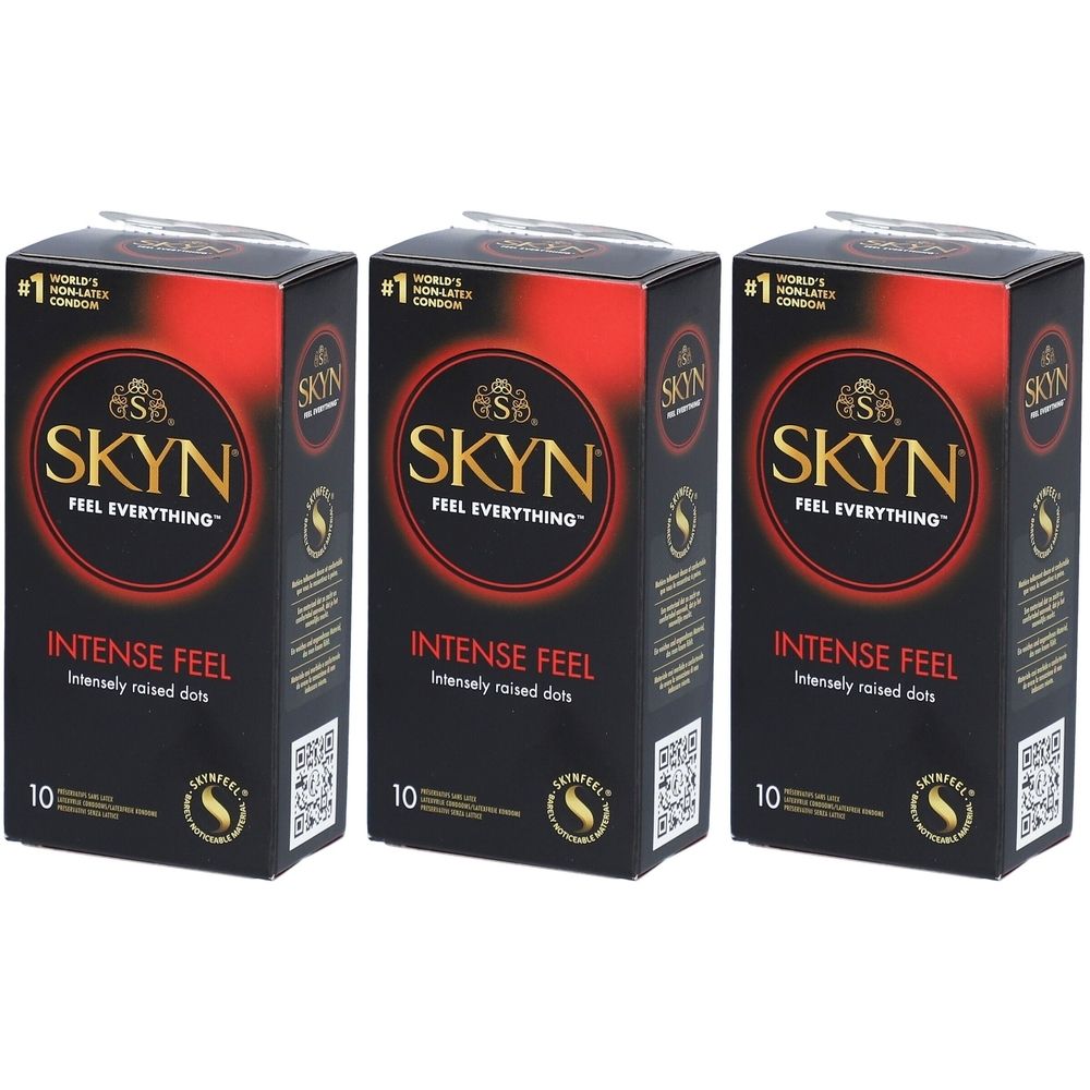 Drei Schachteln SKYN Kondome. Schwarze Verpackung mit rotem Akzent. Aufschrift: INTENSE FEEL, 10 Stück.