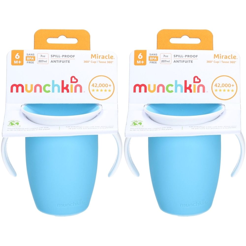 Deux gobelets bleus avec poignées et emballage. L'emballage porte les mentions "munchkin" et "Miracle".