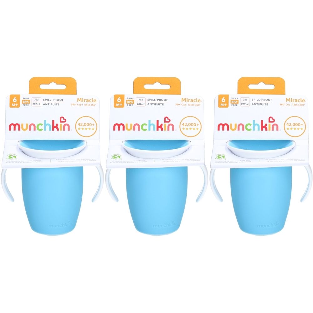 Drei blaue Becher mit Griffen und Verpackung. Auf der Verpackung steht "munchkin Miracle 360°".