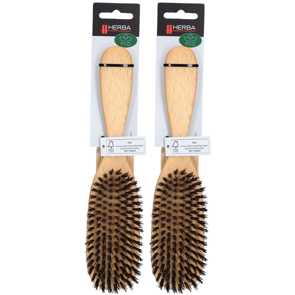 Zwei ovale Haarbürsten aus Buchenholz mit Wildschweinborsten. FSC-Zertifizierung. Marke HERBA. Aufhängelasche.