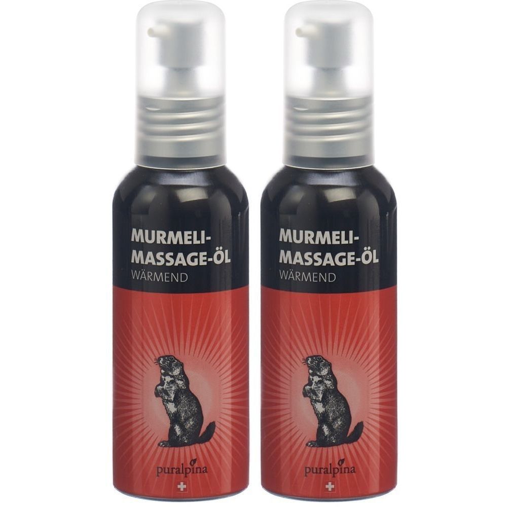 Zwei Flaschen mit schwarzem Deckel und rotem Etikett. Aufschrift: Murmeli-Massage-Öl wärmend. Logo: Murmeltier. Marke: Puralpina.