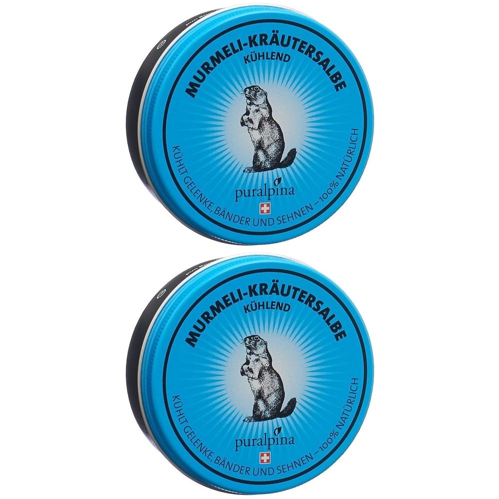 Zwei runde Dosen mit blauem Deckel. Aufschrift: Murmeli-Kräutersalbe, Kühlend. Logo: Murmeltier. Marke: puralpina. Text: Kühlt Gelenke, Bänder und Sehnen.