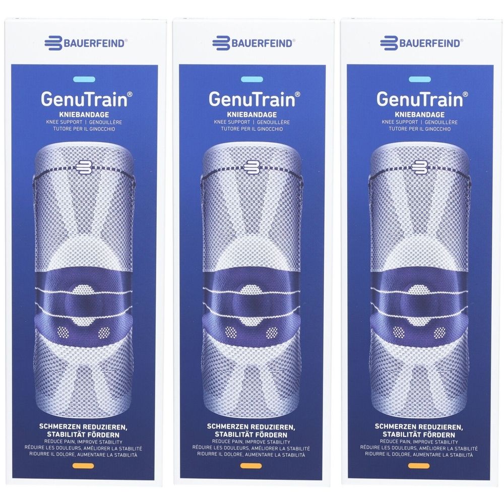 Drei Kniebandagen in Verpackung. Marke Bauerfeind, Modell GenuTrain. Blaue und graue Farben. Text: Schmerzen reduzieren, Stabilität fördern.