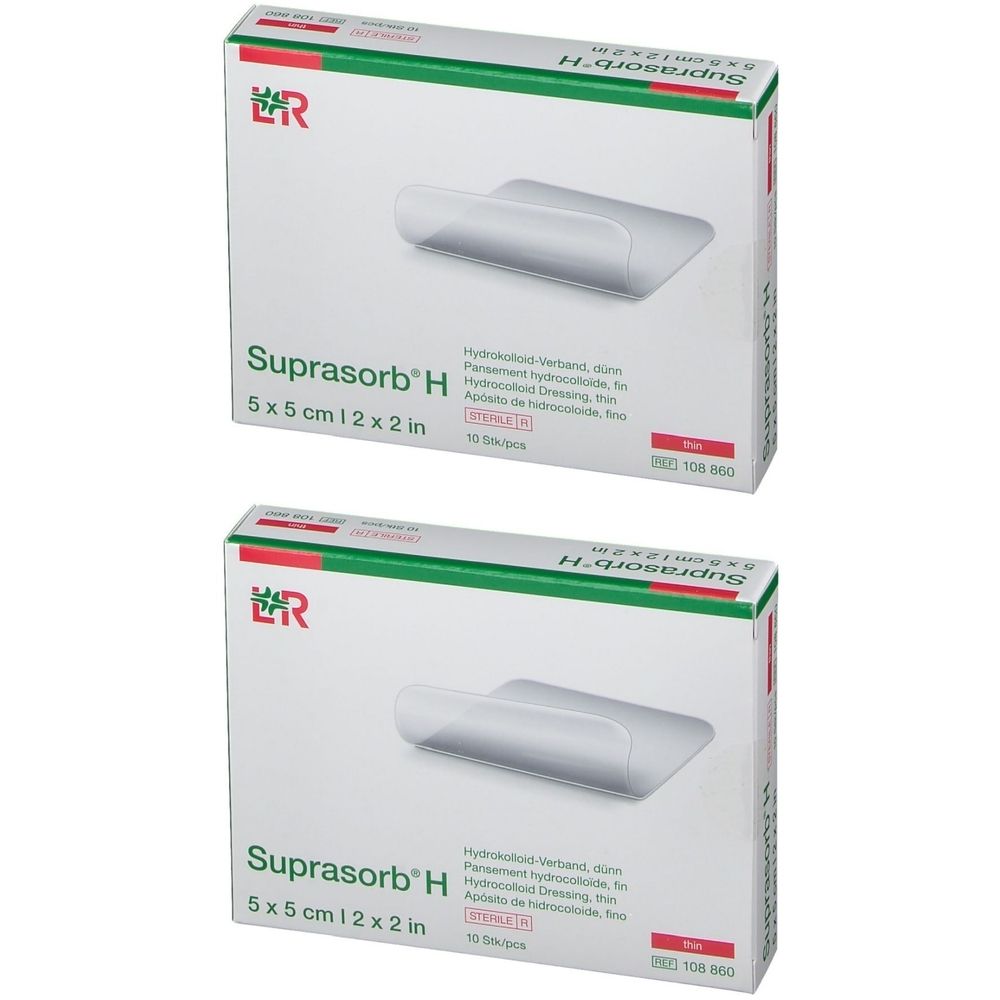 Zwei Schachteln Suprasorb H, 5x5 cm. Hydrokolloid-Verband. Weiße Verpackung mit grünen und roten Akzenten.